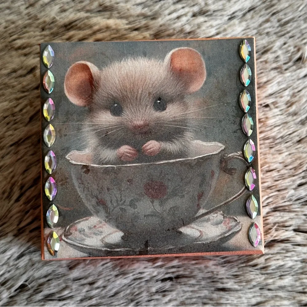 Hand crafted Mouse in Teacup Decorative wooden trinket box